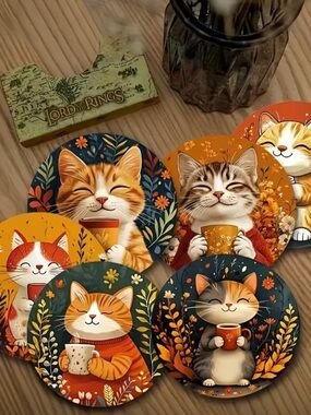 PICK ANY (3) Wooden Heat-Resistant Coasters Featuring Cat And Floral Design